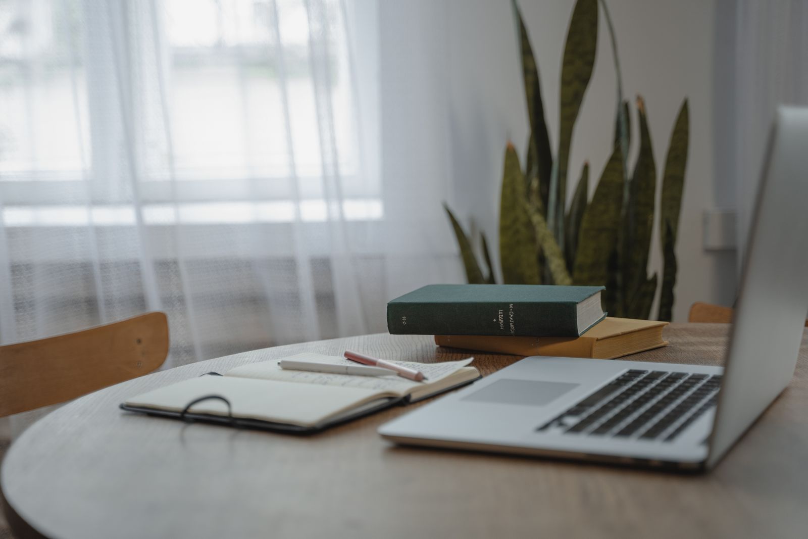 Books, a notebook, and a laptop arranged for reading and research