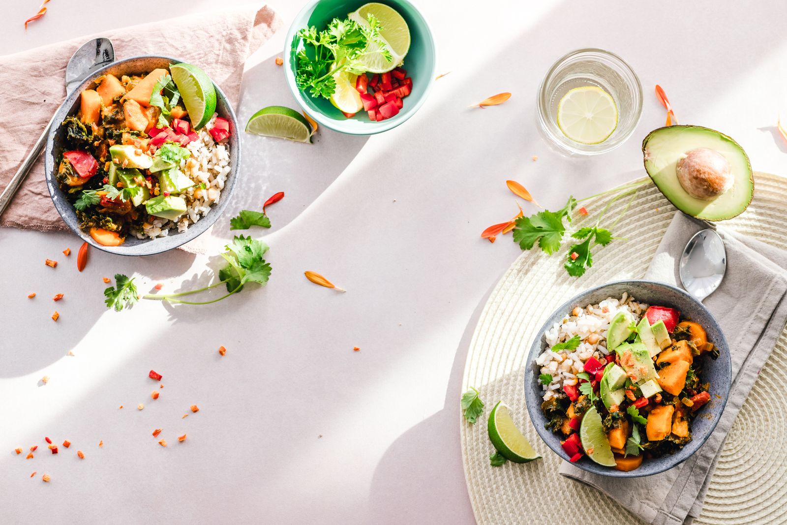 Colorful bowls of fresh vegetables and balanced meal ingredients